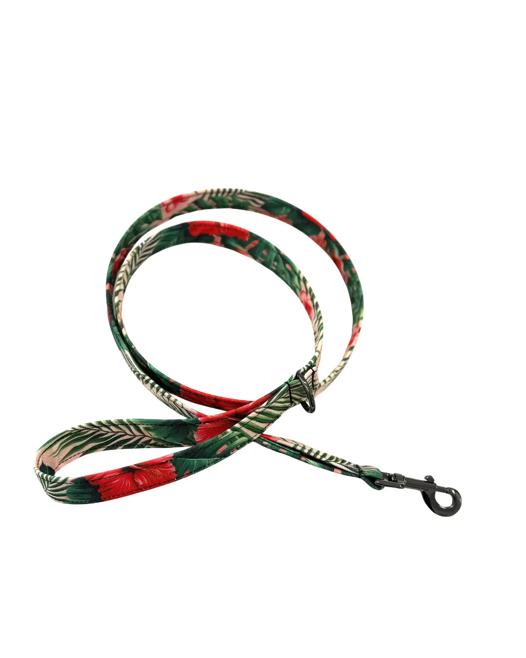 Laisse Aloalo enroulée mettant en valeur l le D-Ring et la poignée. Rolled-up Aloalo dog leash showing off the D-Ring and the handle.