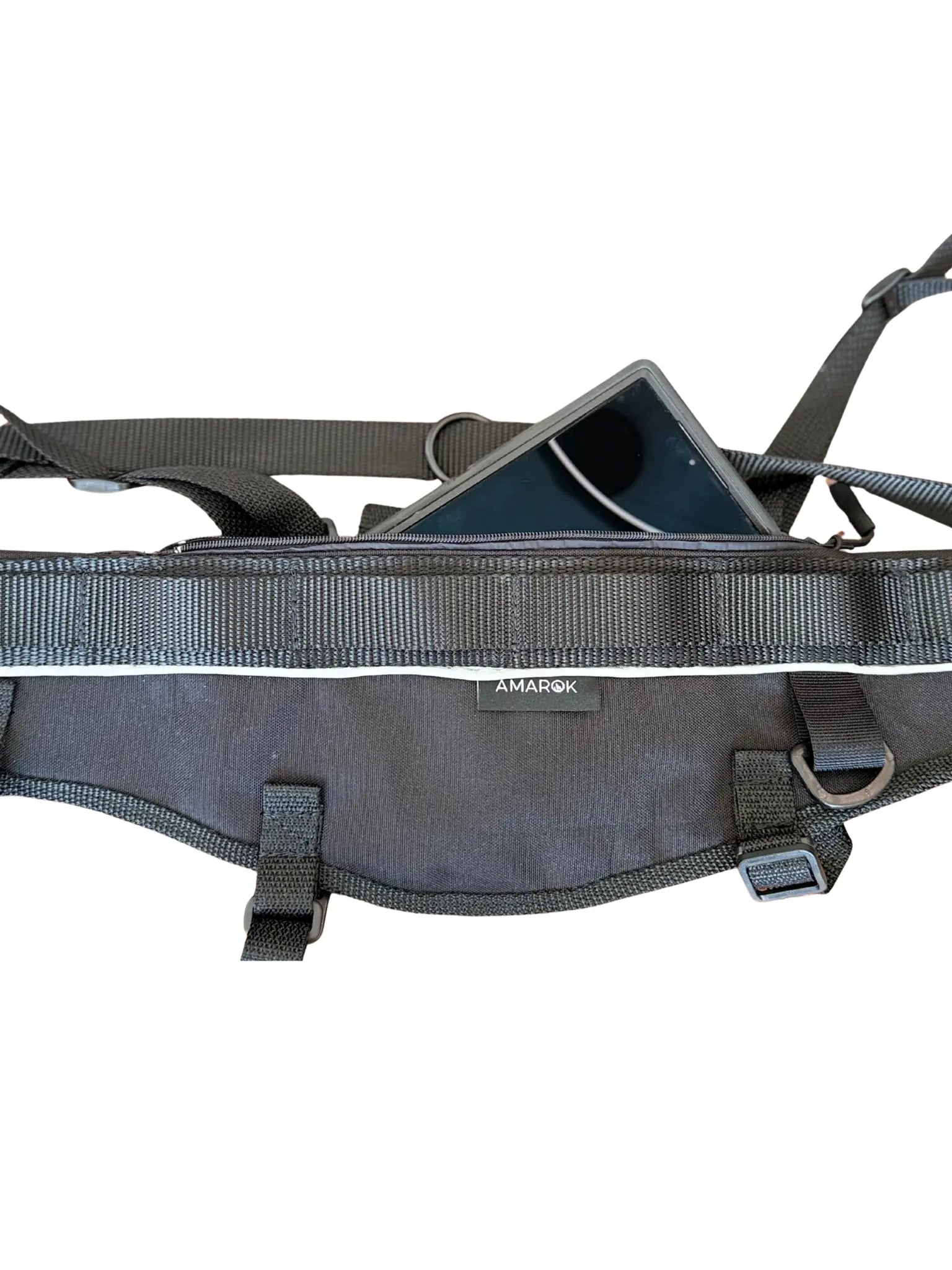 Ceinture de canicross CORE, design fonctionnel avec pochette intégrée pour transporter un téléphone en toute sécurité.