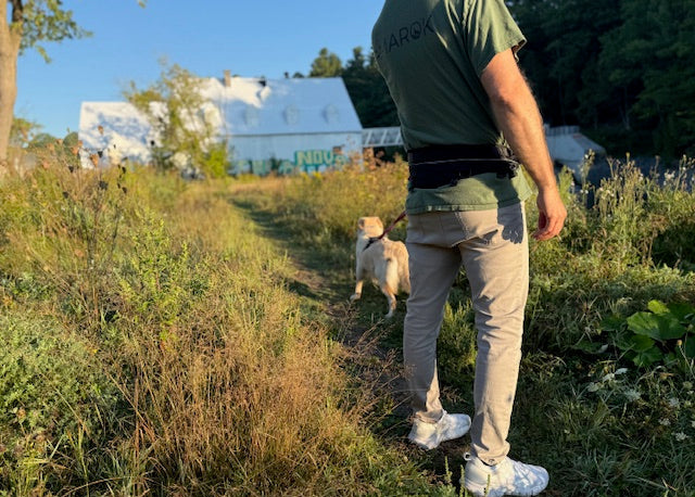 Homme portant la ceinture de marche simple Amarok. Avec son chien