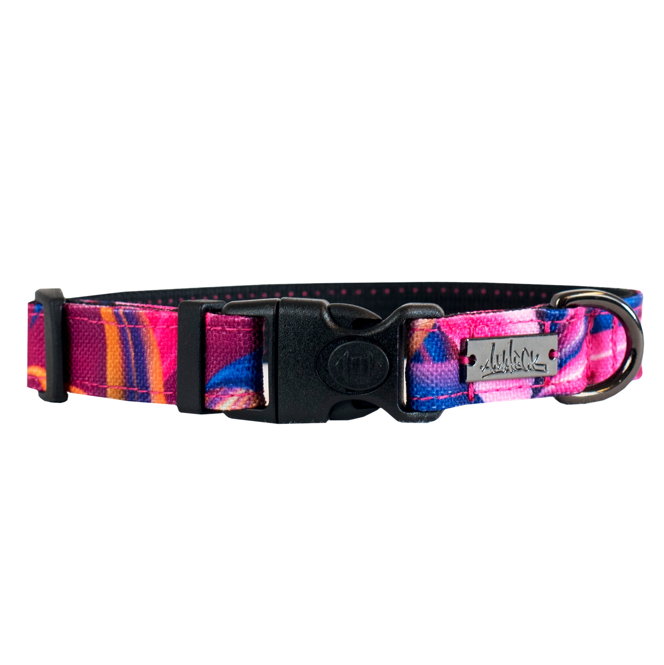 Collier pour petit chien, en tissus de la collection Hannaé, couleur bleu, rose, blanc, orange. Graphiques de fleurs tropicales