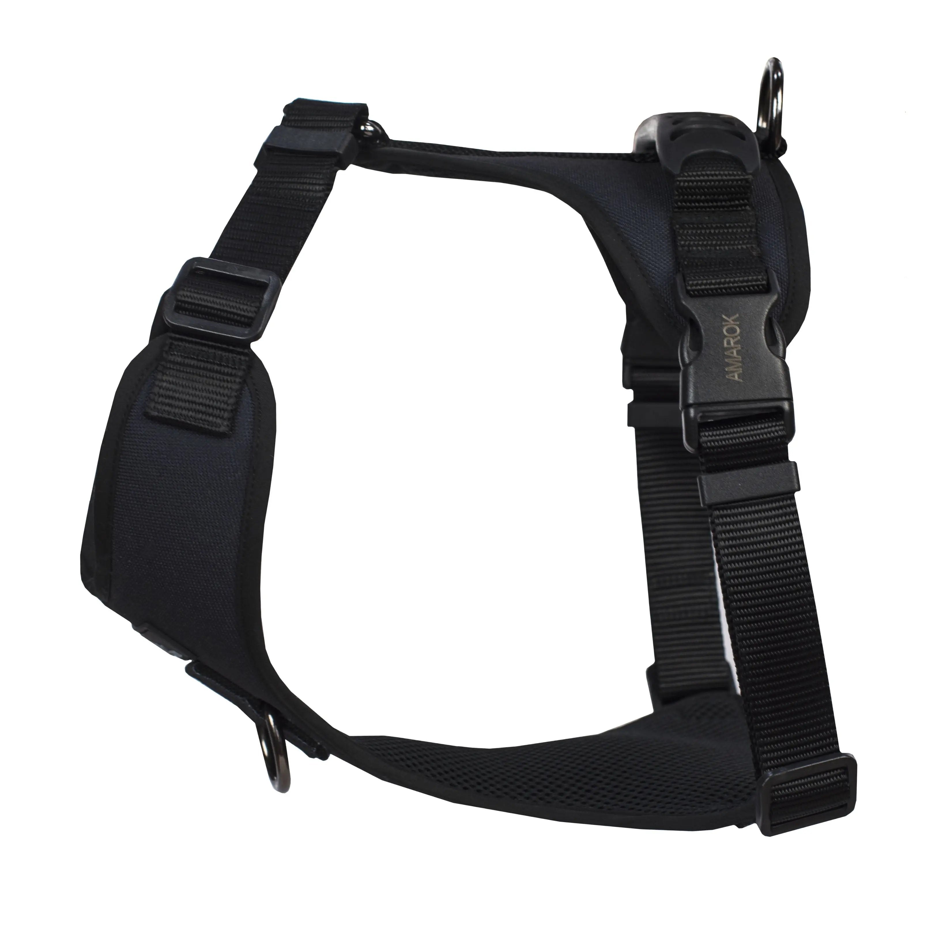 Harnais régulier de randonnées pour gros chien, de la collection ONYX, couleur noir unie. Vue de côté.