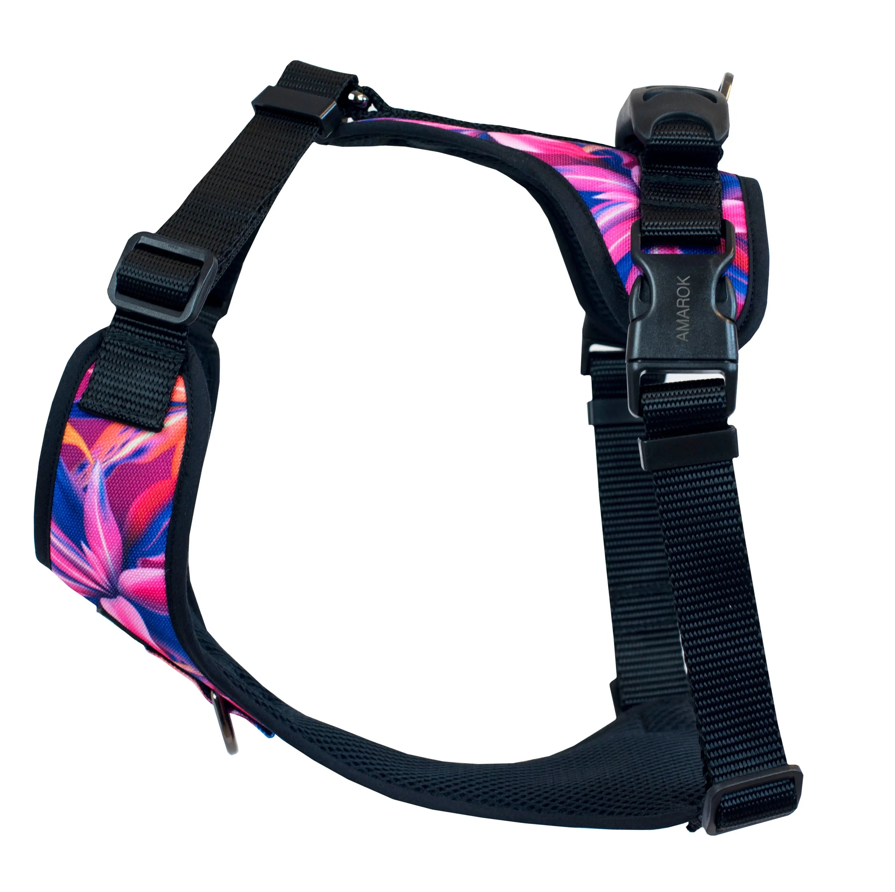 Harnais régulier de randonnée pour gros chien de la collection Hannée. Vue de côté. Graphiques de fleurs tropicales aux couleurs roses, blues, oranges, blancs.