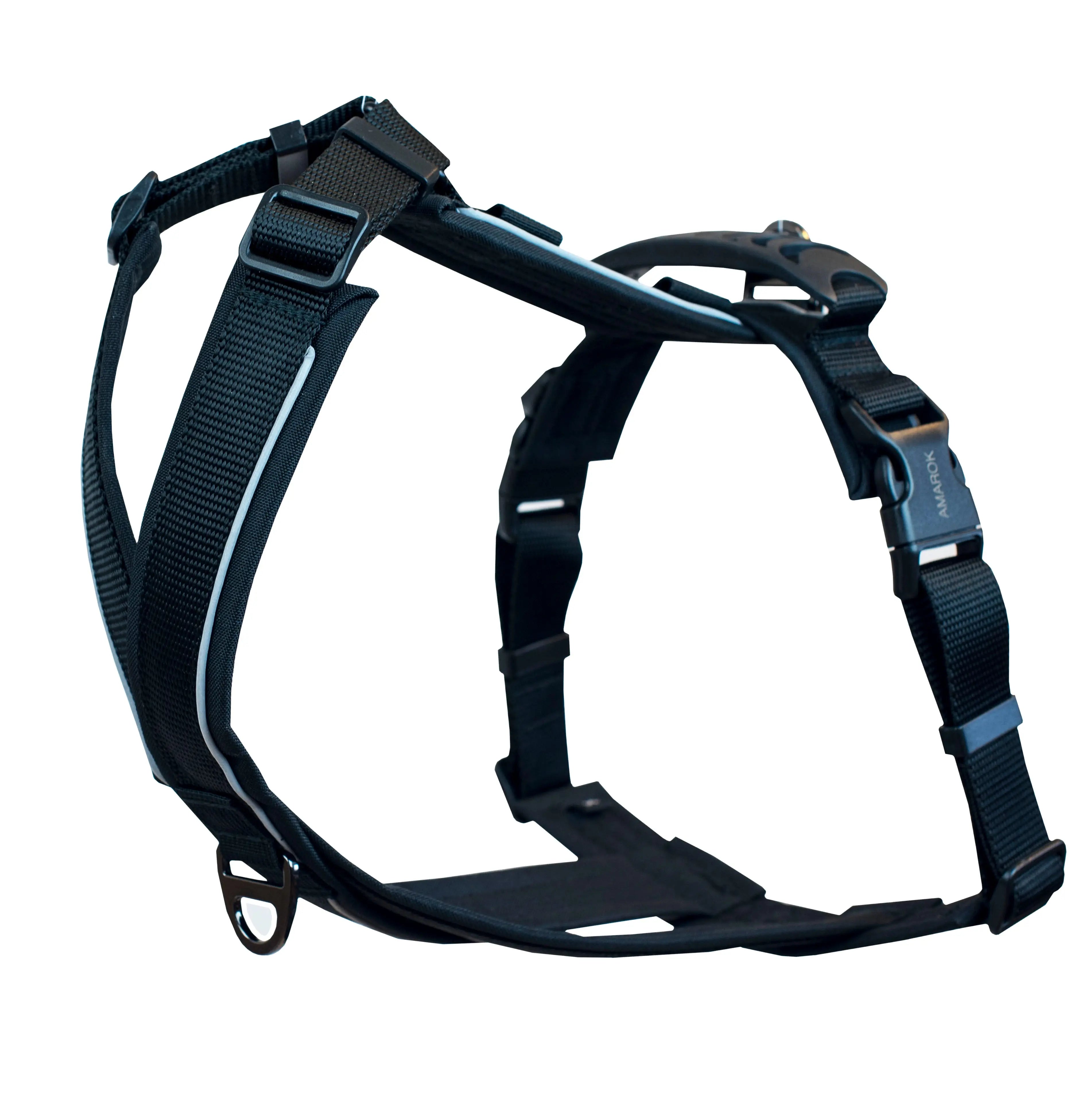 Harnais pour chien Amarok Odyssé noir vu en angle – design ergonomique avec sangles ajustables