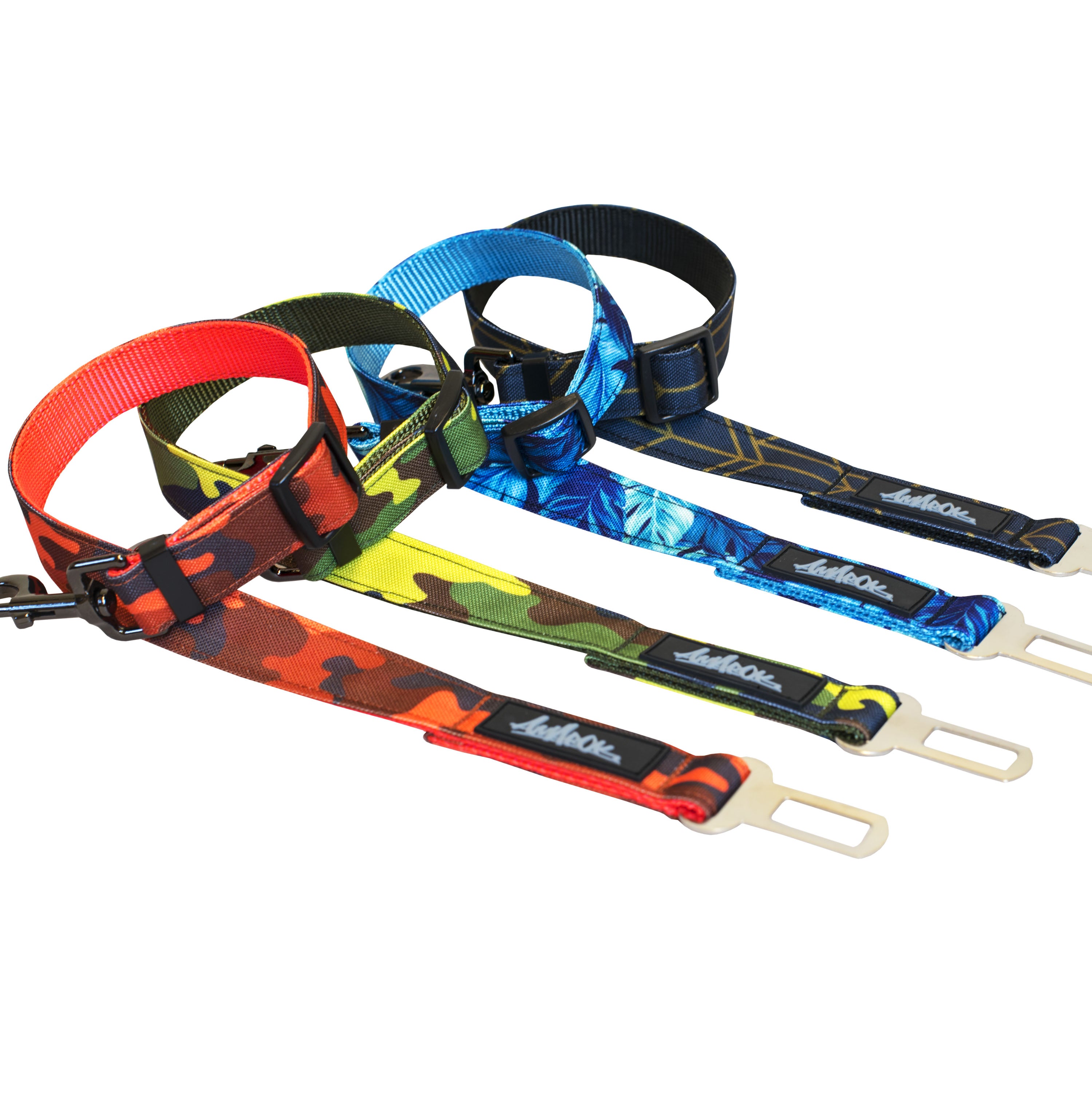 Ensemble de laisses de ceinture de sécurité voiture pour chien, collection Sahara, Camo vif, Hawaien, Géométrie.