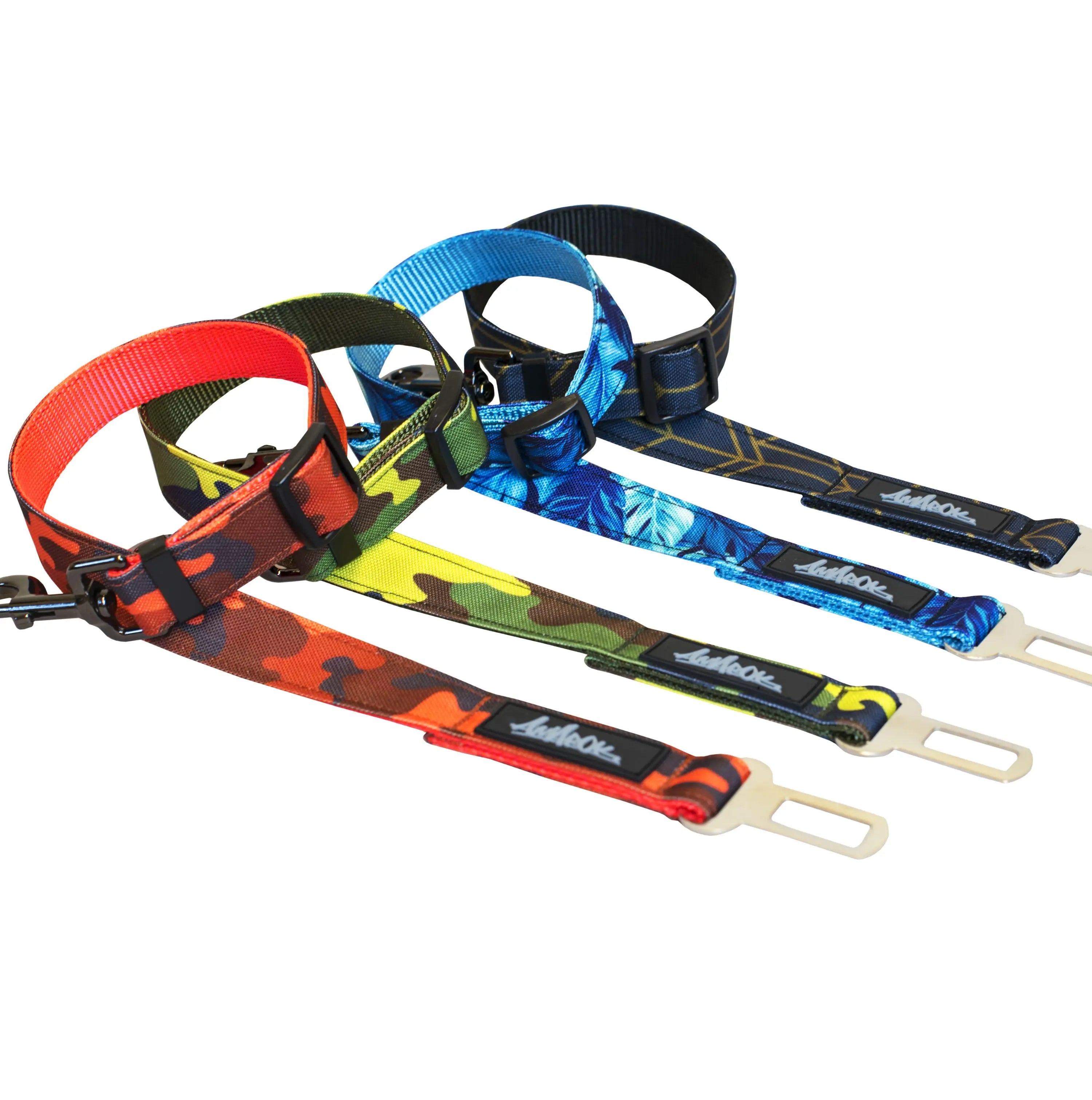 Ensemble de laisses de ceinture de sécurité voiture pour chien, collection Sahara, Camo vif, Hawaien, Géométrie.