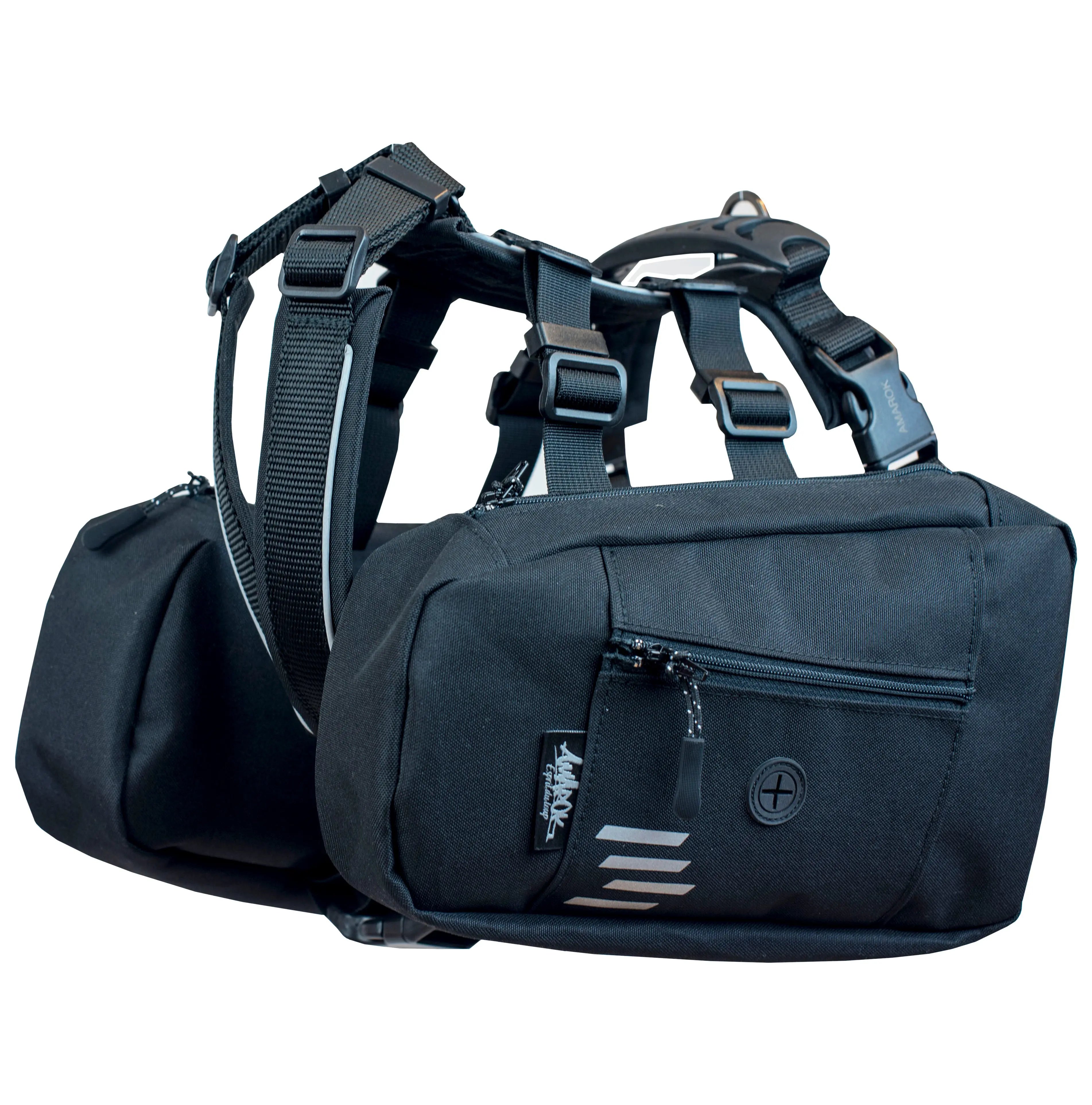 Odyssey dog backpack attached to the Odyssey harness – ideal for carrying food, water, or gear