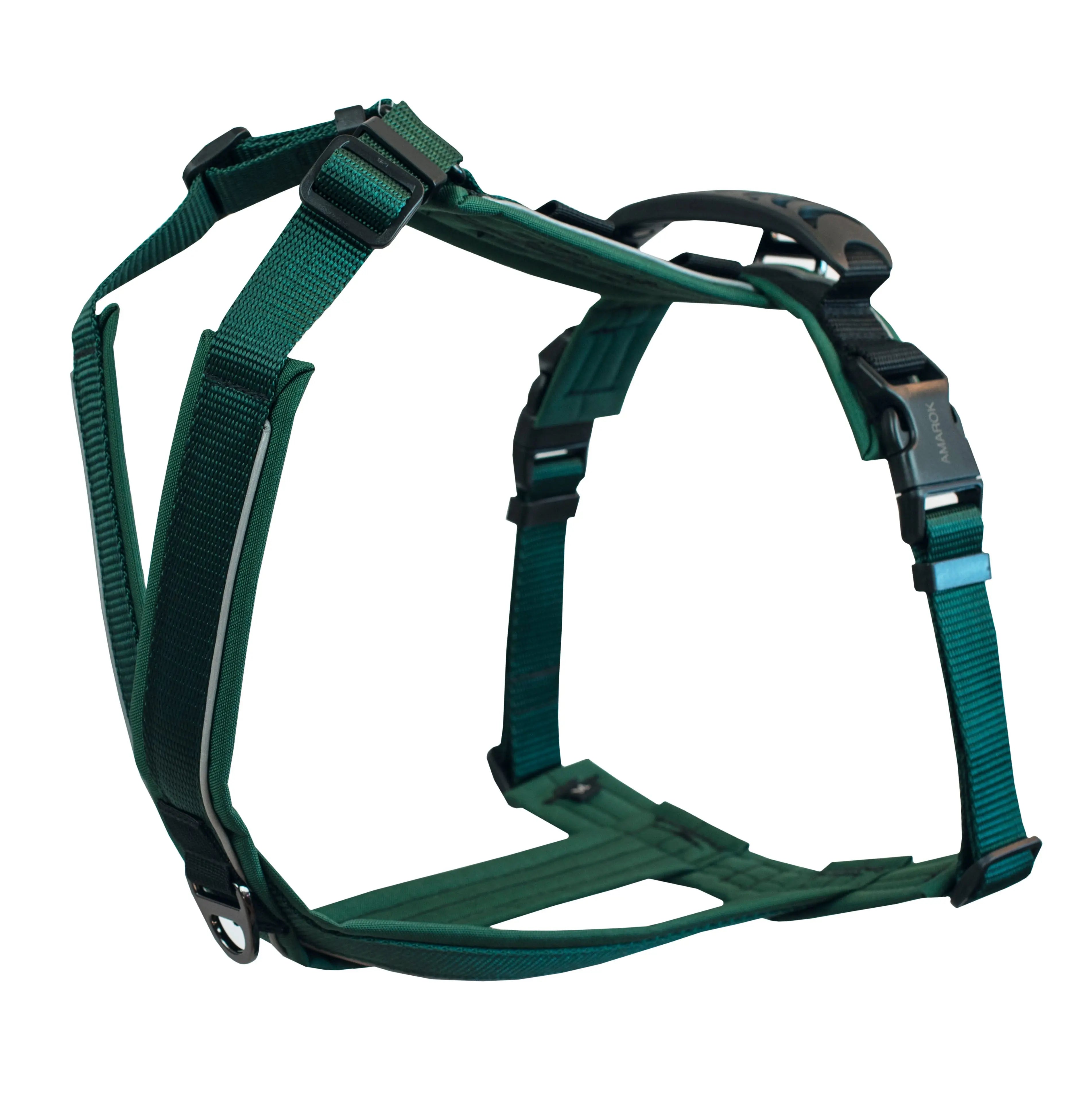 Harnais pour chien Odyssée Montagnard montrant sa structure ergonomique et ses finitions renforcées. Confection québécoise pour les chiens actif.