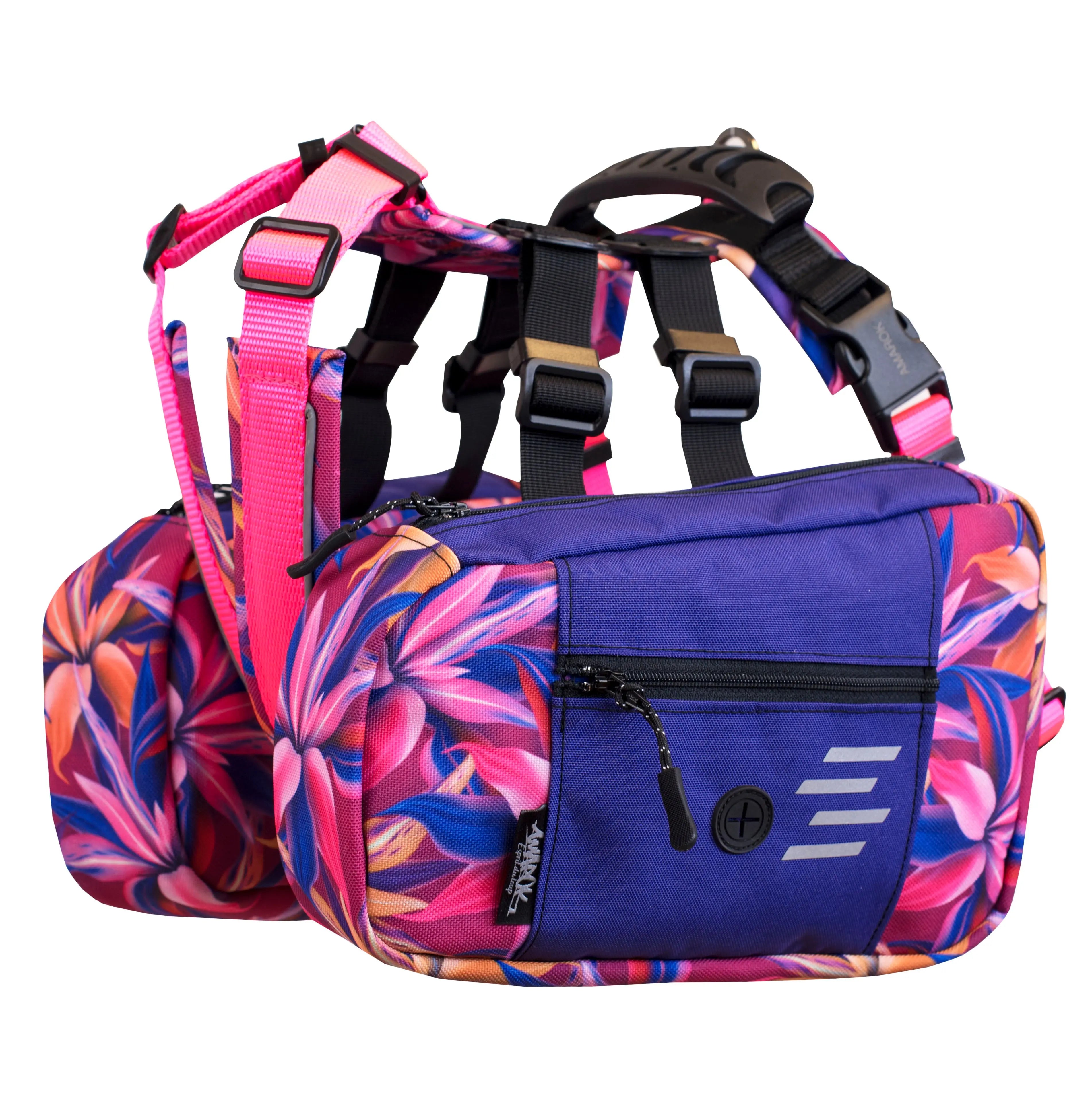 The Amarok Dog backpack attached to the Odyssey dog harness – ideal for carrying food, water, or gear