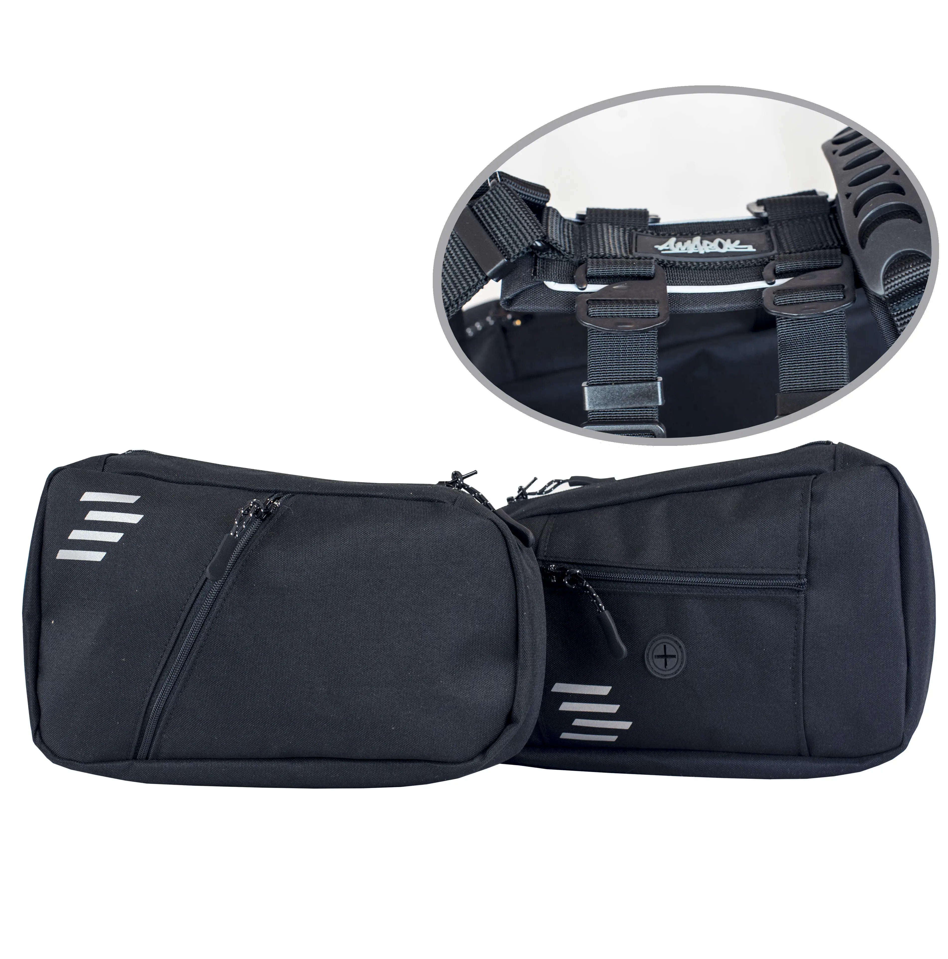 Dog backpack set with close-up view of attachment system compatible with the Odyssey harness