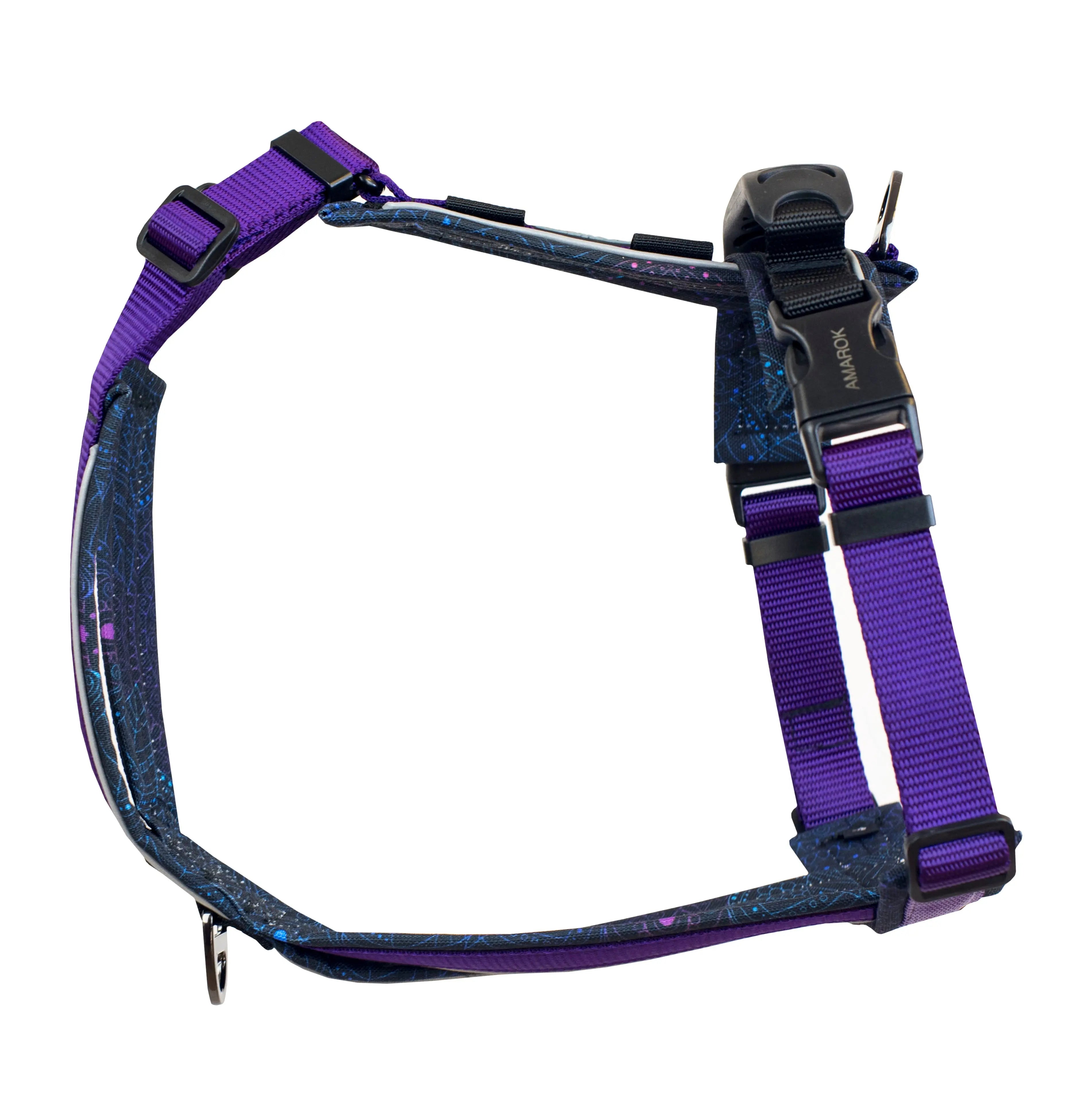 Side view of the Odyssey dog harness in the mandala collection– Y-shape structure and sturdy buckles