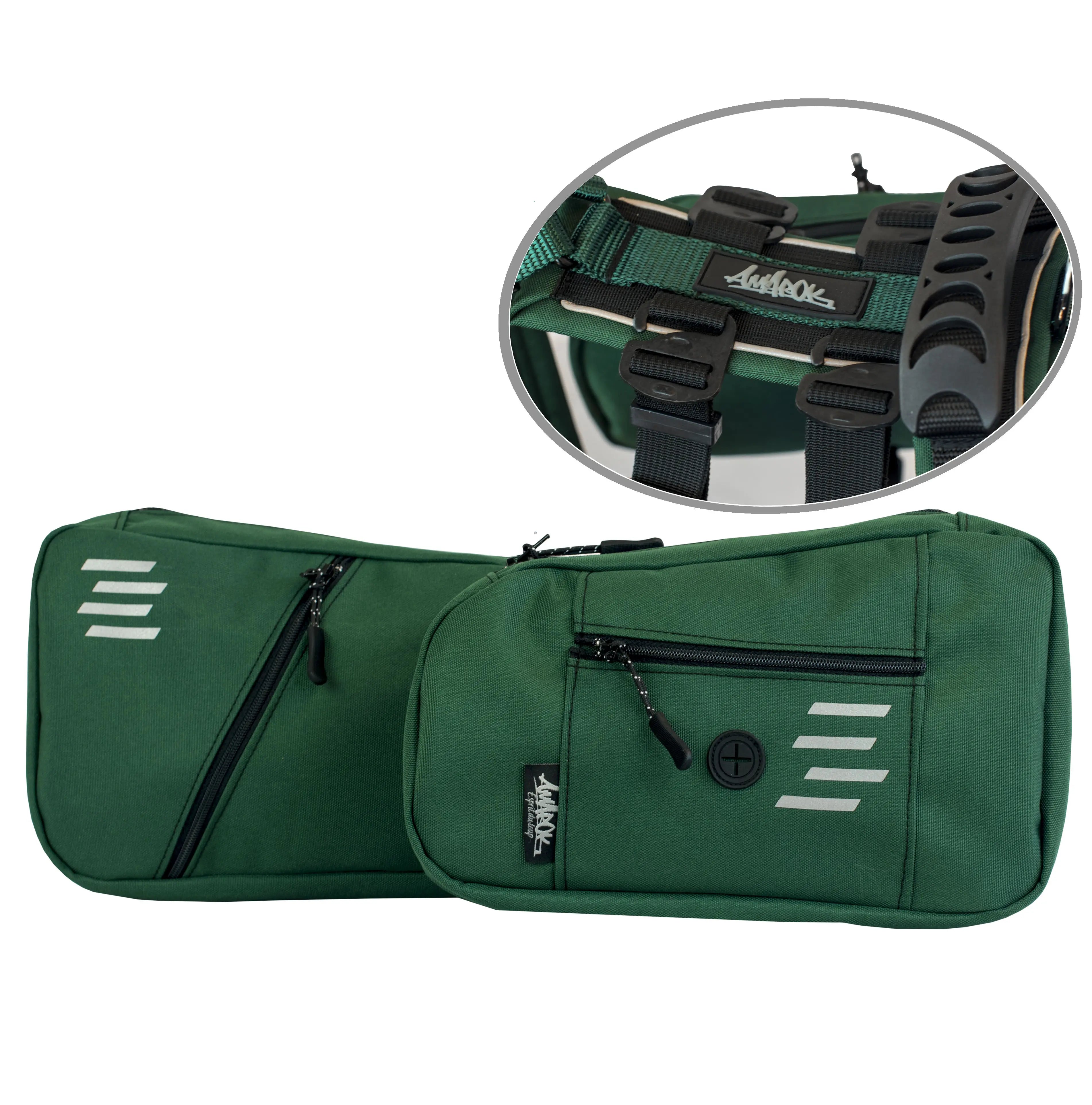 Dog backpack set with close-up view of attachment system compatible with the Odyssey harness
