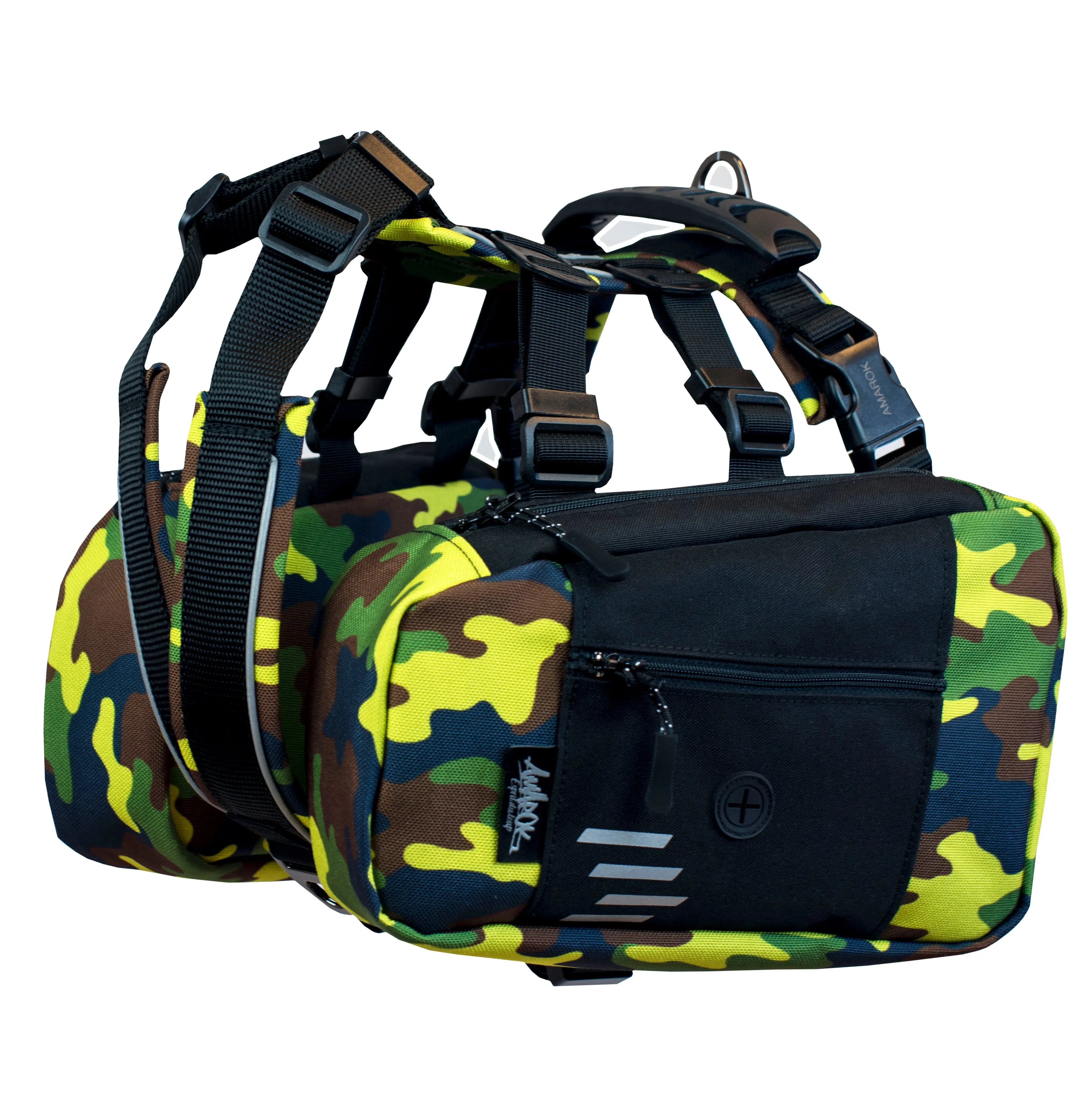 The Amarok dog backpack attached to the Odyssey dog harness – ideal for carrying food, water, or gear