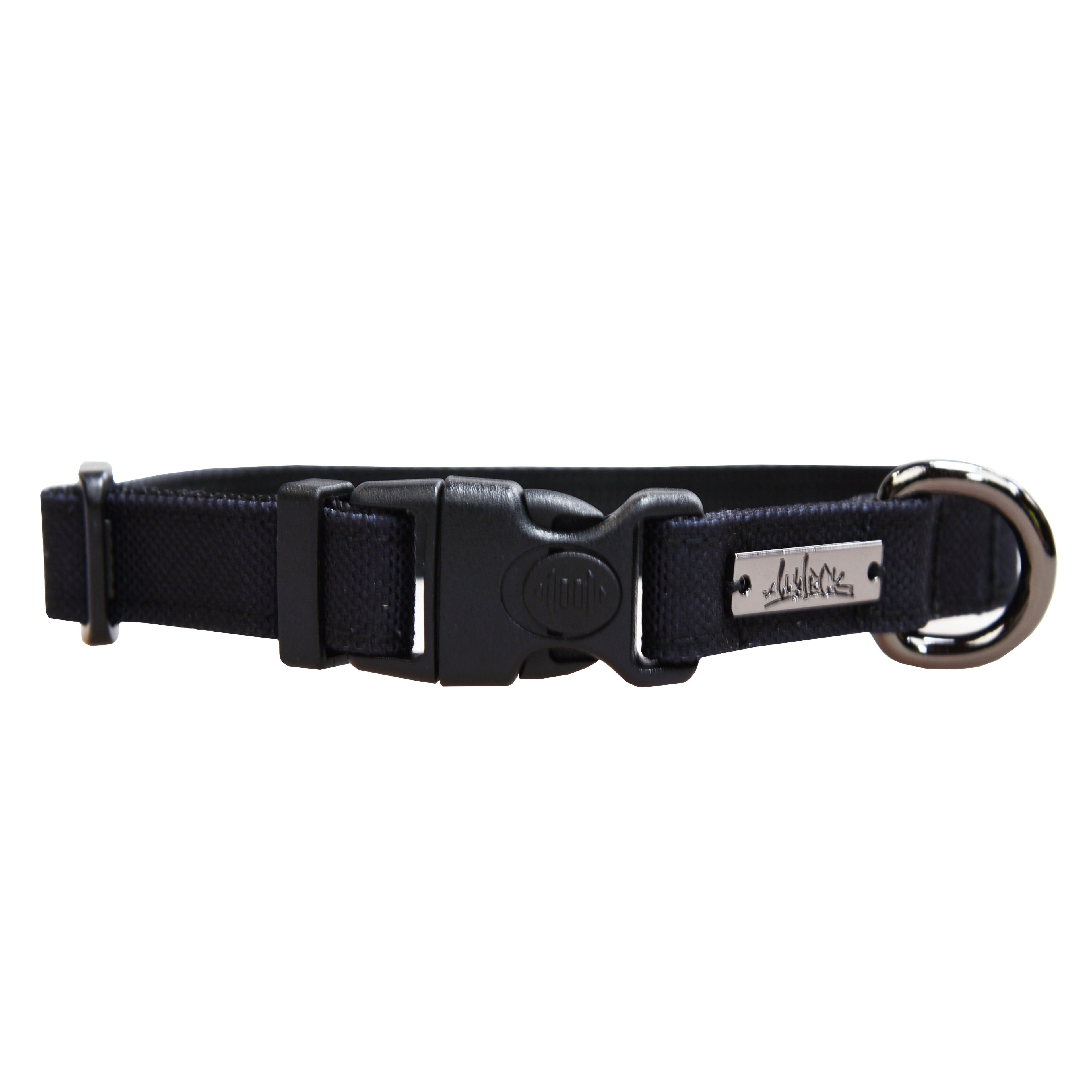 Collier pour petit chien en tissus souple de la collection ONYX. Couleur noir unie, vue de face.