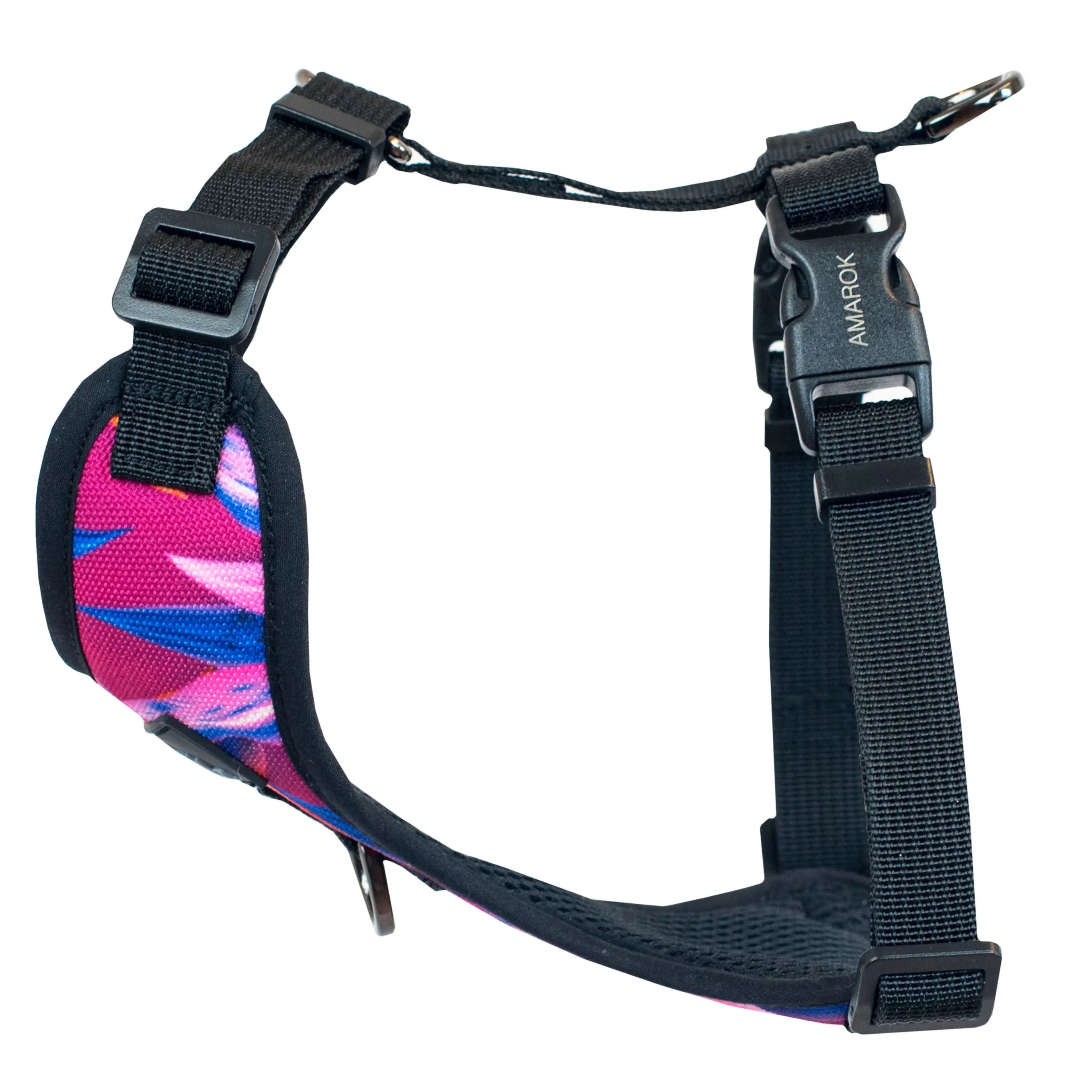 Harnais régulier de randonnée pour petit chien de la collection Hannaé, vue de côté. Couleurs rose, bleu, blanc, graphiques de fleurs tropicales.