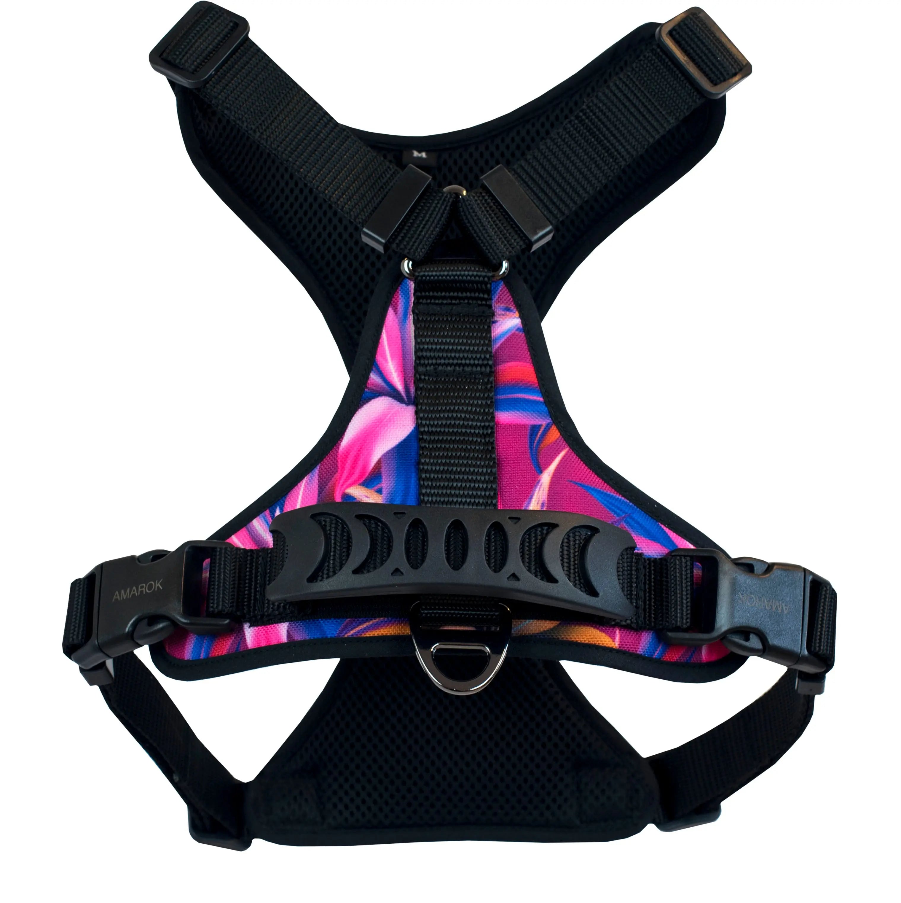 Harnais régulier de randonnée pour gros chien de la collection Hannée. Vue de dos. Graphiques de fleurs tropicales aux couleurs roses, blues, oranges, blancs.