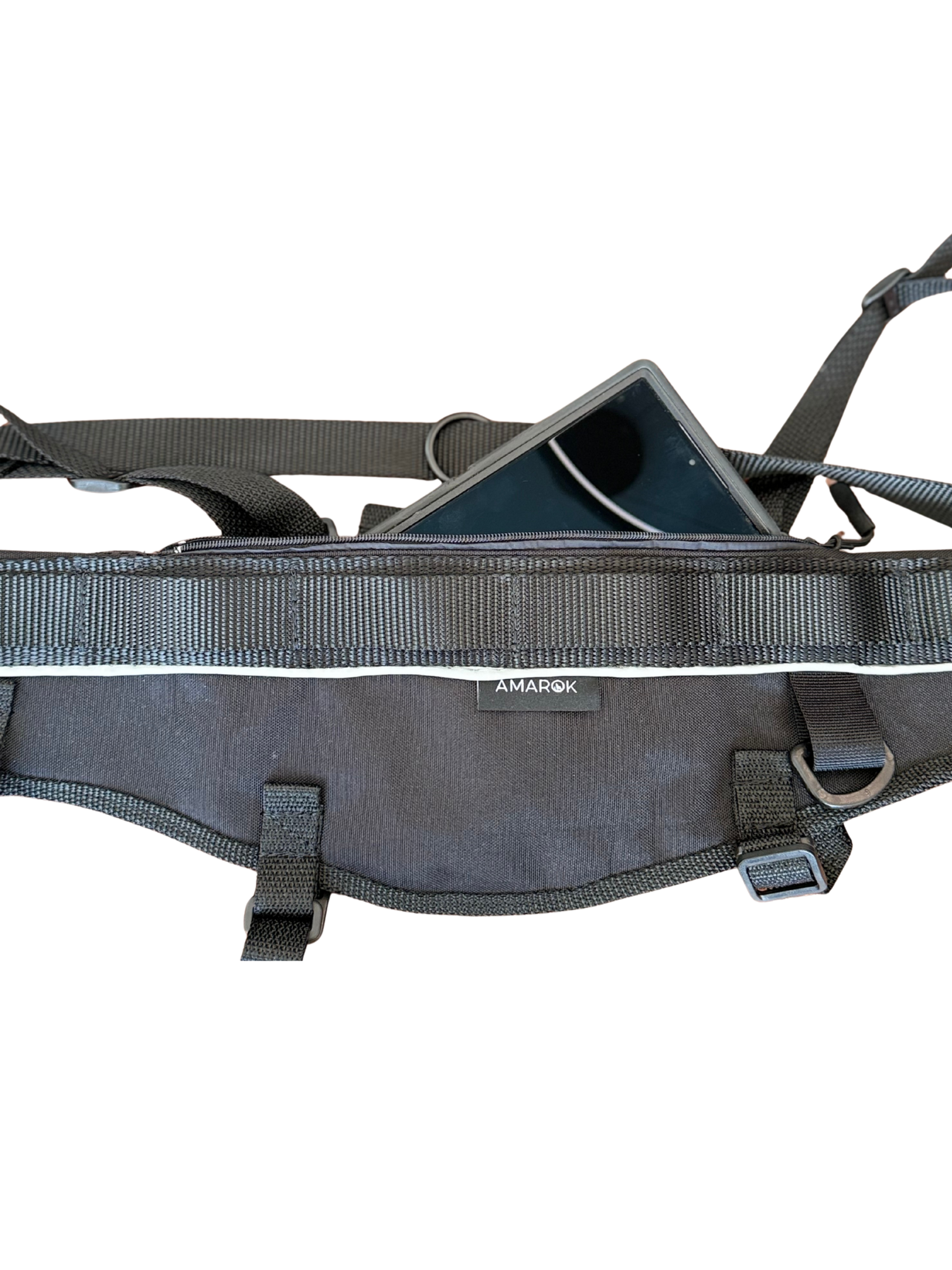 Ceinture Core Amarok avec rangement pour cellulaire, noire, robuste et confortable, conçue pour la marche, la course et les sports canins.
