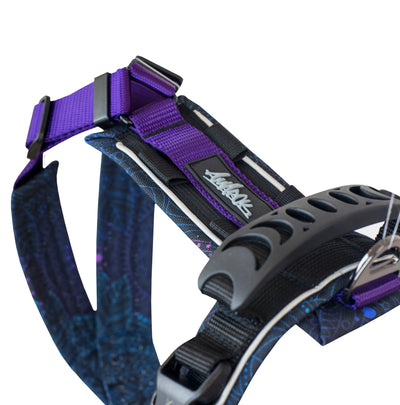 Close-up of the Odyssey dog harness – reinforced back handle, and visible backpack attachment points