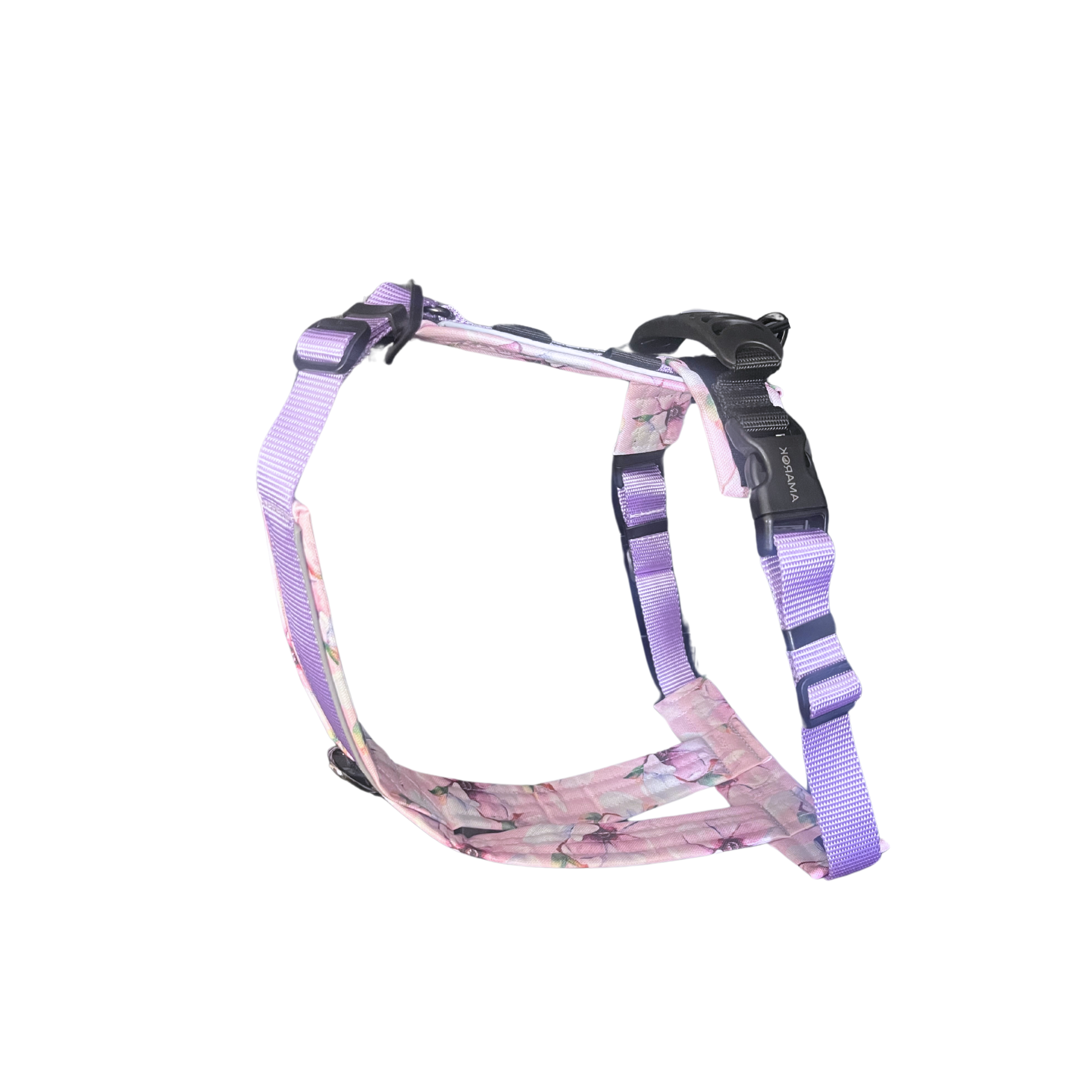 Side view of the Amarok Odyssey harness in the Myosotis collection– Y-shape structure and sturdy buckles
