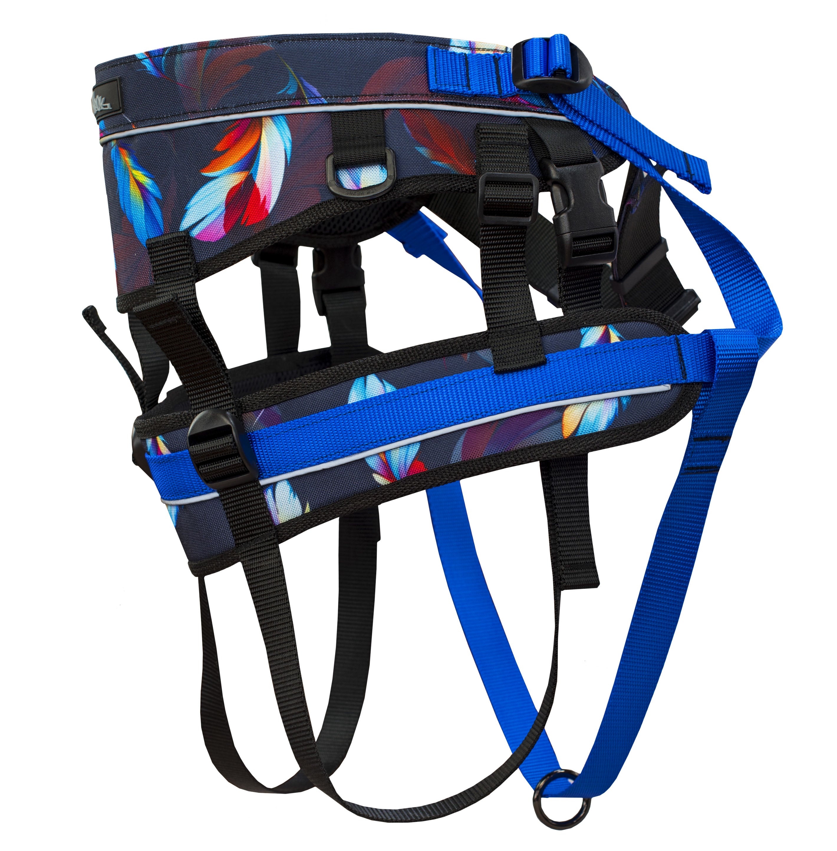 Ceinture de traction canicross de la collection Rio. Aux motifs plumes de couleurs noir et bleu. Vue de côté. 
