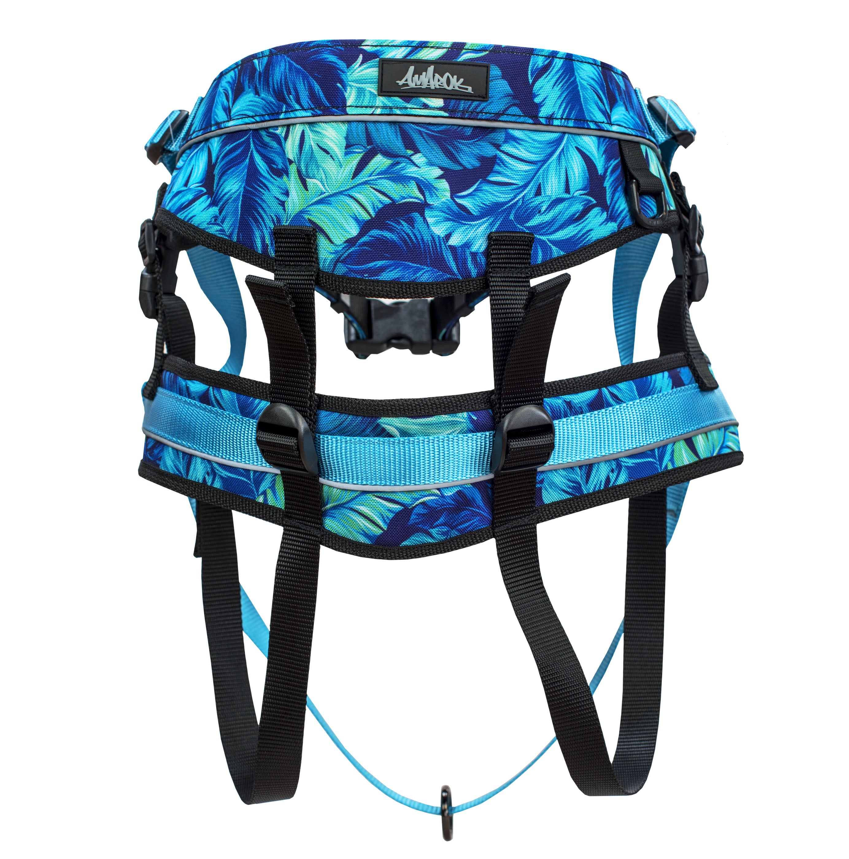 Ceinture de traction canicross de la collection Hawaienne. Aux motifs de fleurs tropicales, de couleurs bleu et noir. Vue de dos. 