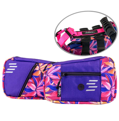 Dog backpack set with close-up view of attachment system compatible with the Odyssey harness