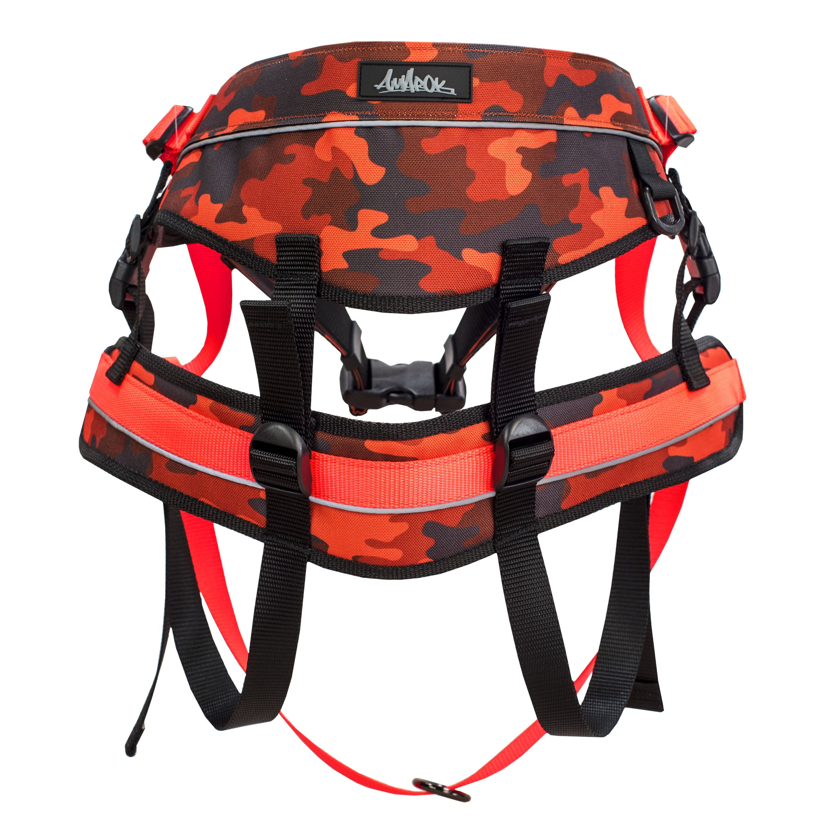 Ceinture de traction canicross de la collection Sahara. Aux motifs camo de couleurs noir et rouge. Vue de dos. 