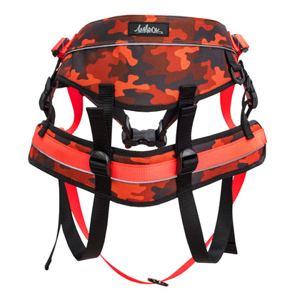 Ceinture de traction canicross de la collection Sahara. Aux motifs camo de couleurs noir et rouge. Vue de dos. 