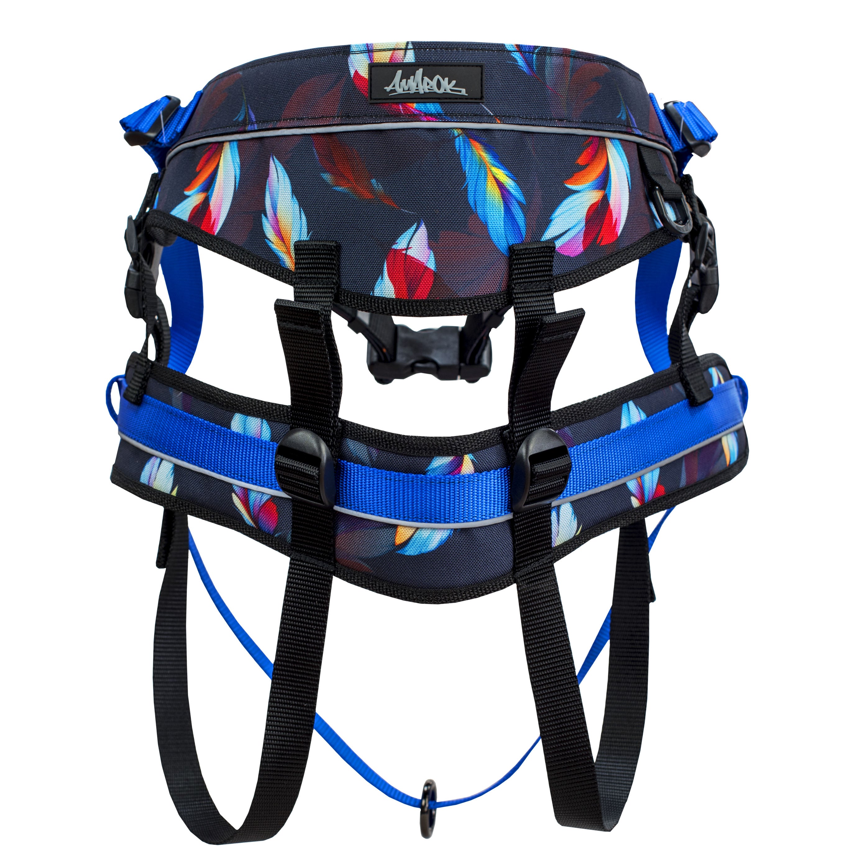 Ceinture de traction canicross de la collection Rio. Aux motifs plumes de couleurs noir et bleu. Vue de dos.