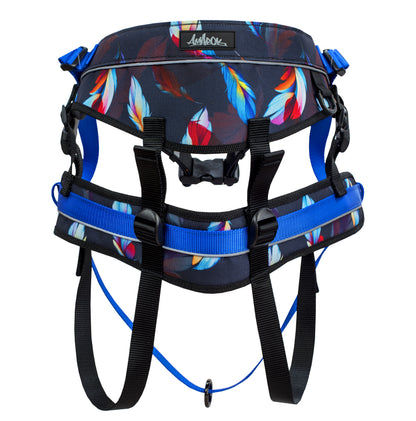 Ceinture de traction canicross de la collection Rio. Aux motifs plumes de couleurs noir et bleu. Vue de dos.