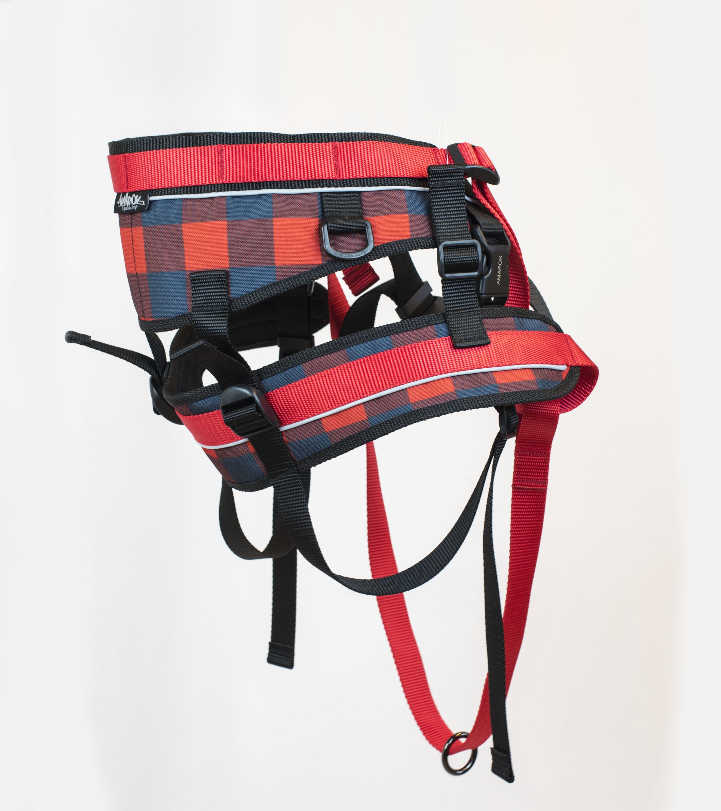 Ceinture de traction canicross de la collection Bûcheron. Aux couleur rouge et noir, vue de côté. 