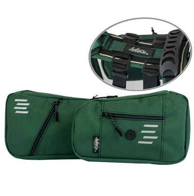 Dog backpack set with close-up view of attachment system compatible with the Odyssey harness 