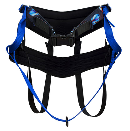 Ceinture de traction canicross de la collection Rio. Aux motifs plumes de couleurs noir et bleu.
