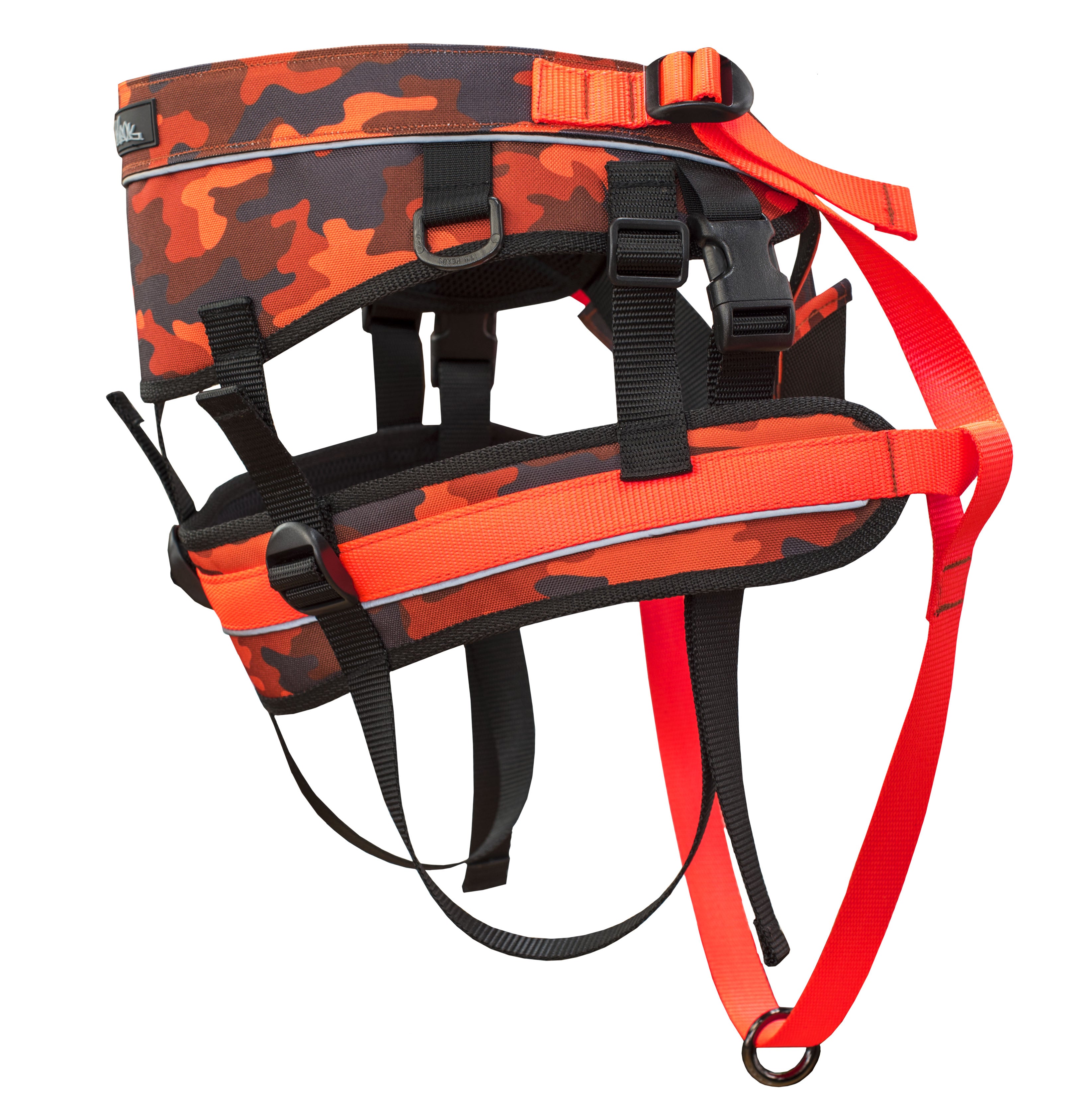 Ceinture de traction canicross de la collection Sahara. Aux motifs camo de couleurs noir et rouge. Vue de côté. 