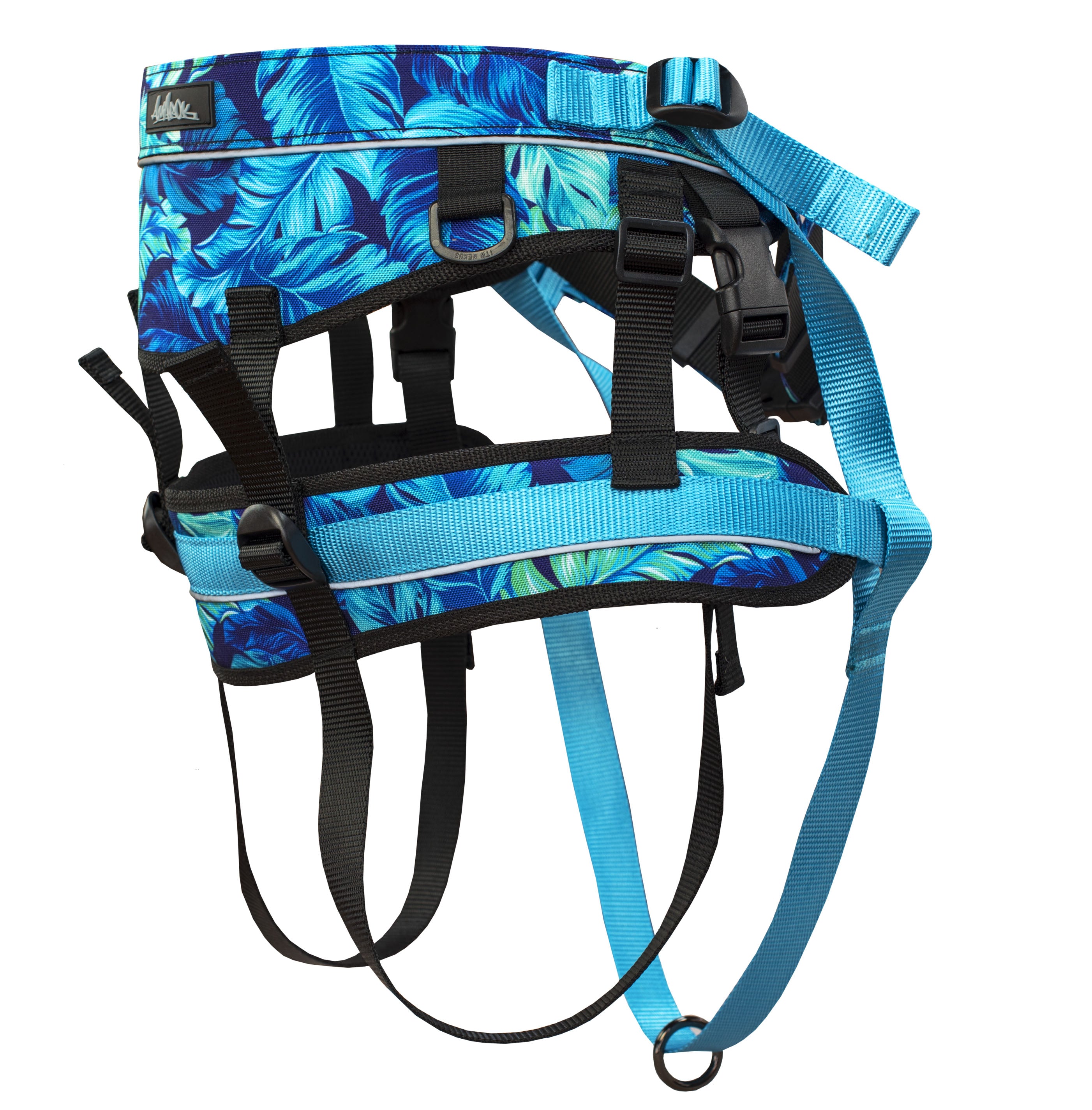 Ceinture de traction canicross de la collection Hawaienne. Aux motifs de fleurs tropicales, de couleurs bleu et noir. Vue de côté.