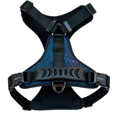 Harnais régulier de randonnée pour gros chien de la collection Mandala. Motifs mandala de différents tons de bleu. Vue de dos.