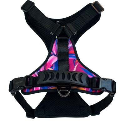 Harnais régulier de randonnée pour gros chien de la collection Hannée. Vue de dos. Graphiques de fleurs tropicales aux couleurs roses, blues, oranges, blancs. 